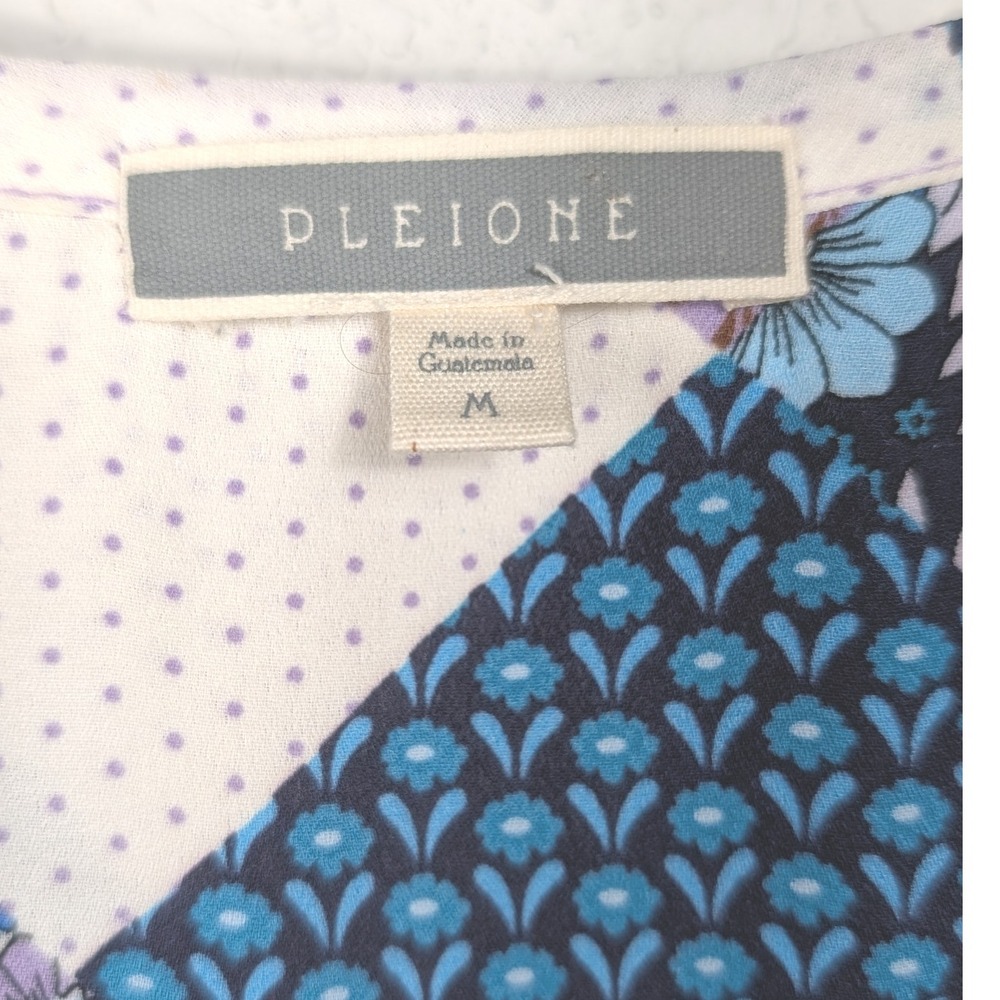 PLEIONE Patchwork Floral Blue Purple Print Long Sleeve V Neck‎ Blouse Size M - Picture 4 of 7